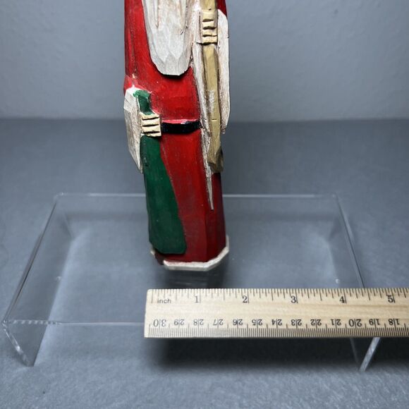 Rustic Hand-Carved & Hand-Painted Santa Wooden Tall Slim Figurine Green Red 8" - Picture 3 of 7